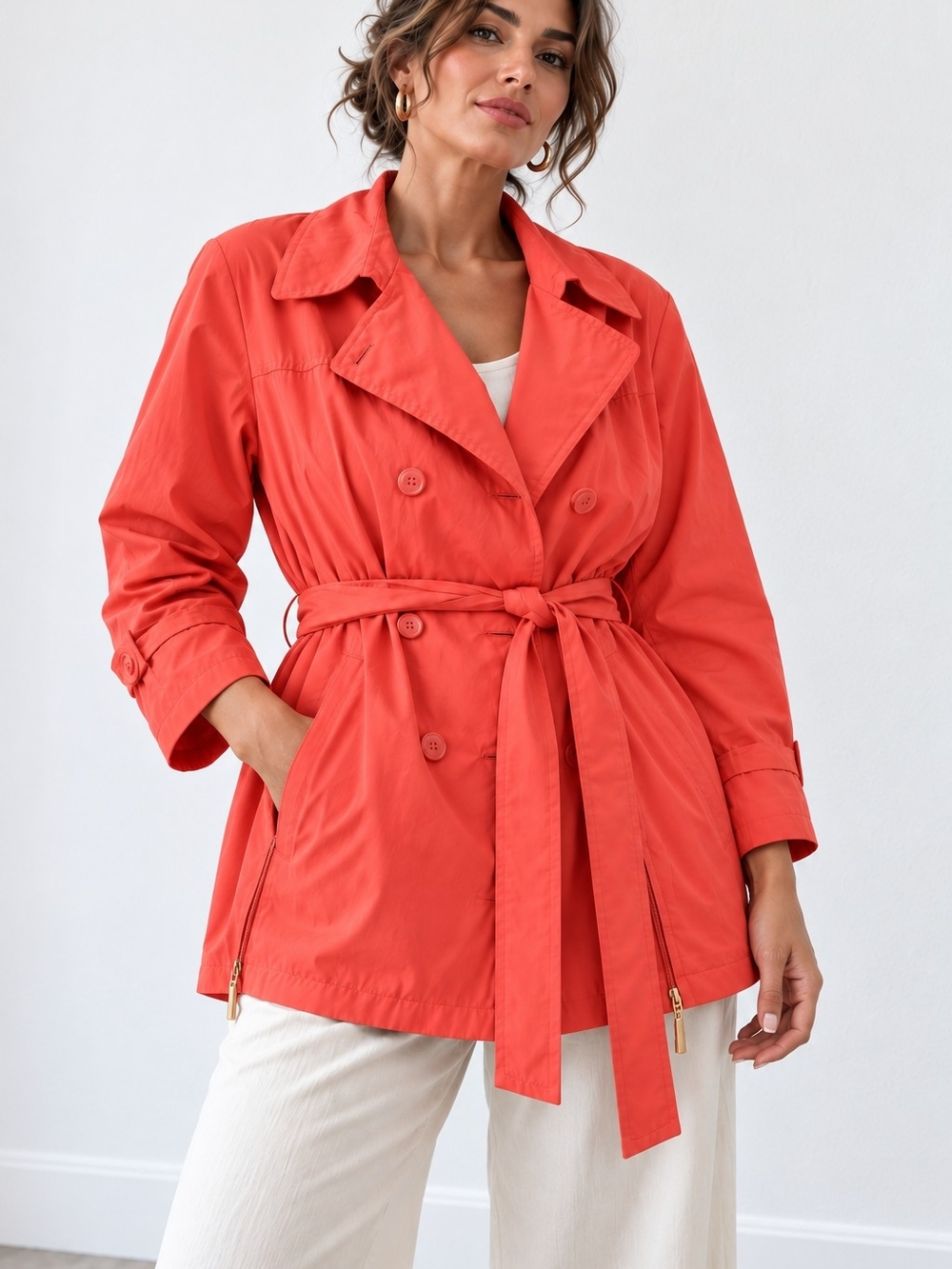 Walbusch German Salmon Coral Trench Coat Belted Jacket Women’s US 16–18 XL 1X